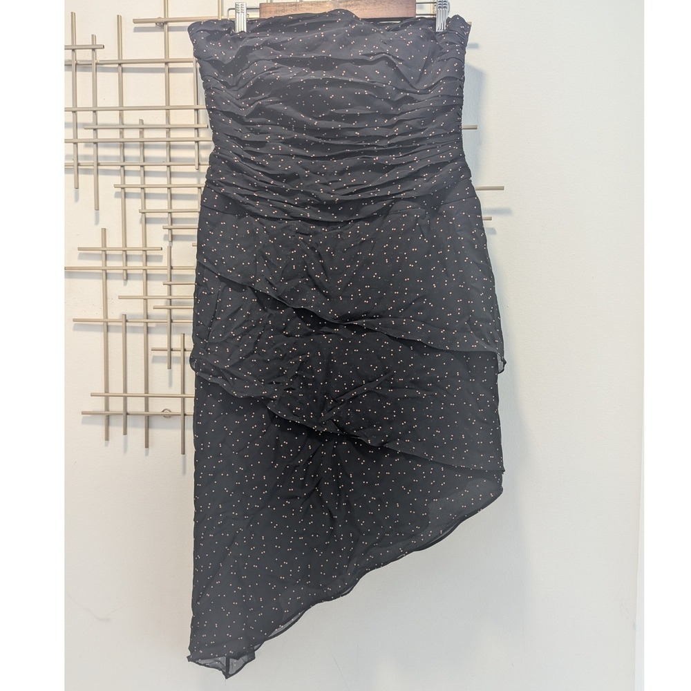 VTG Y2K Kay Unger Black Polka Dot Ruched‎ Strapless Dress Silk Chiffon Tiered 12